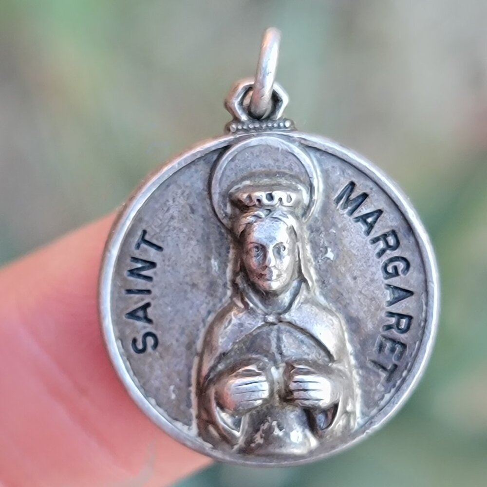 Vintage 925 sterling silver CREED Catholic Saint Margaret medal necklace pendant